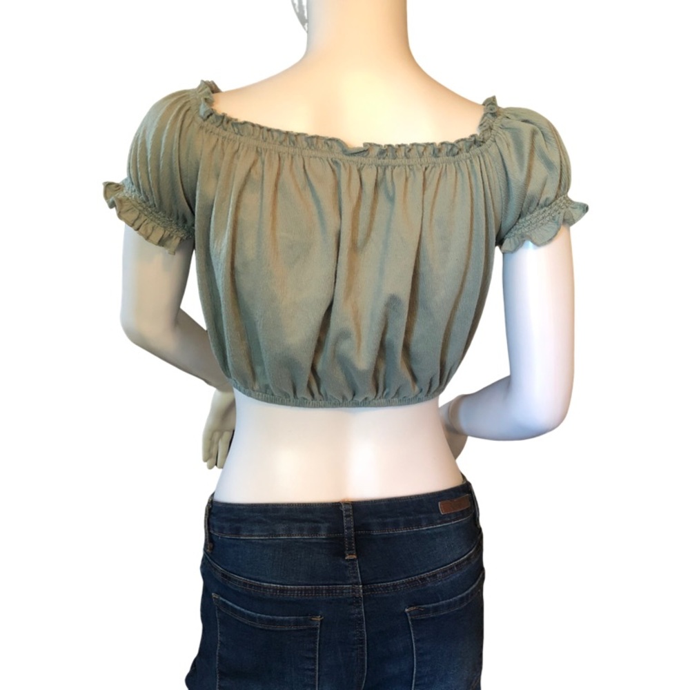 H&M DIVIDED Sage Green Crop‎ Top Large Peasant Trendy Y2K Festival Vintage - Picture 2 of 6